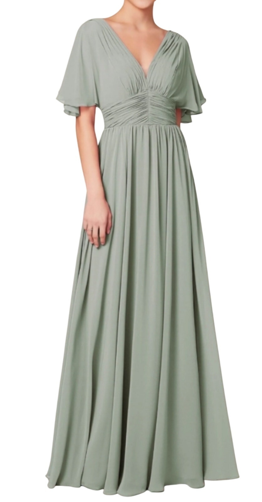 Dear Cleo Willow Bridesmaid Gown Pleated V Neck Short Sleeve Chiffon Ivy Green
